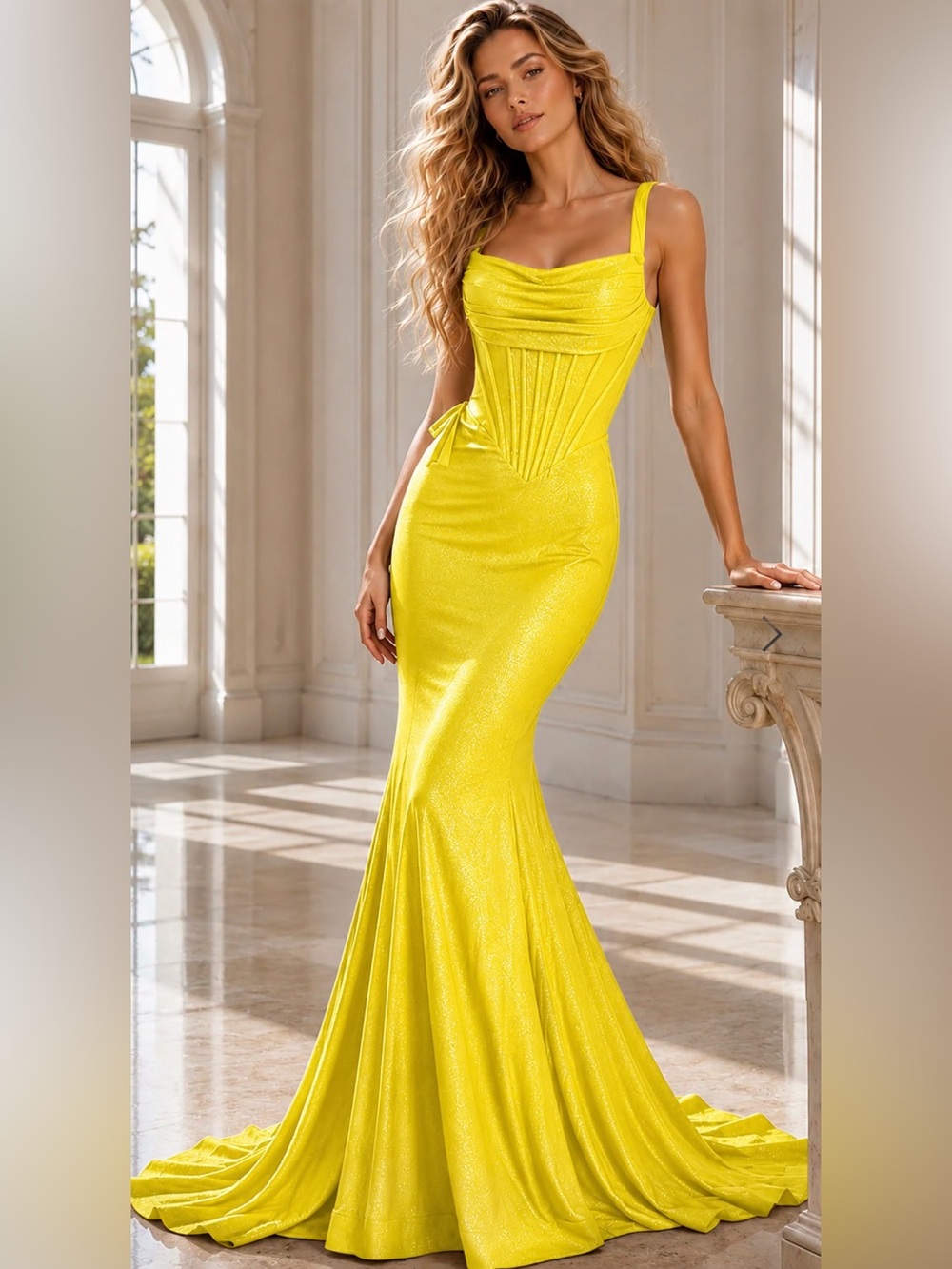 Jovani Yellow Shimmer Mermaid Evening Gown